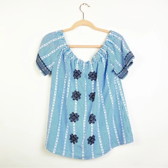 THML Blue Embroidered Top Off The Shoulder Size Large - Picture 2 of 7